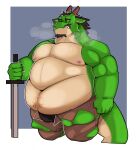 after_transformation anthro areola belly belly_tattoo clothing coolietf dragon facial_hair goatee hi_res horn lars_(coolietf) male melee_weapon moobs nipples obese obese_anthro obese_male overweight overweight_anthro overweight_male solo sword tattoo torn_clothing weapon