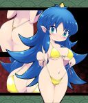  1girl aqua_eyes ass bikini blue_hair blush breasts cameltoe horns large_breasts long_hair looking_at_viewer momotarou_densetsu multiple_views navel nollety pointy_ears seigaiha single_horn solo swimsuit very_long_hair yashahime_(momotarou_densetsu) yellow_bikini 