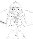  breasts camera greyscale hat highres kouno_ibuki lineart looking_at_viewer mechanical_pencil medium_breasts monochrome notebook one_eye_closed open_mouth pencil shameimaru_aya short_hair smile solo tokin_hat touhou wings 