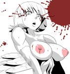  1girl bare_shoulders blood blood_from_eyes blood_on_breasts blood_splatter breasts collarbone futaba_channel harpy large_breasts lips medium_hair monochrome monster_girl nijiura_maids nipples nude open_mouth solo sorahachi_midoro spot_color yabai 
