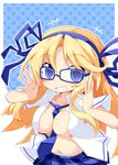  blonde_hair blue-framed_eyewear blue_background blue_eyes blue_neckwear blue_ribbon blush breasts dress_shirt glasses hair_ribbon hairband katsuragi_(senran_kagura) large_breasts long_hair looking_at_viewer navel necktie no_bra open_clothes open_shirt outline reku ribbon senran_kagura senran_kagura_shoujo-tachi_no_shin'ei shirt short_sleeves smile solo teeth white_shirt 