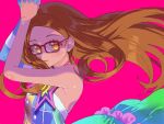  1girl akai_meganee arms_up bare_shoulders brown_eyes brown_hair closed_mouth dress glasses highres interlocked_fingers long_hair looking_at_viewer multicolored_clothes multicolored_dress own_hands_together pink_background pretty_series pripara red-framed_eyewear simple_background solo star_(symbol) tsujii_ruki upper_body wind 