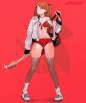  1girl bikini bikini_top_only blue_eyes cesar_art456 guitar highres instrument jacket long_hair looking_to_the_side neon_genesis_evangelion red_background short_shorts shorts simple_background solo souryuu_asuka_langley swimsuit thighhighs 