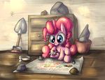  blue_eyes crayon cutie_mark darth-franny drawing dresser equine female feral friendship_is_magic hair horse mammal my_little_pony paper pink_hair pinkie_pie_(mlp) pony rock shovel solo tape young 