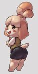 animal_crossing anthro blush bottomwear brown_eyes buckteeth canid canine canis chubby_female clipboard clothed clothing domestic_dog female fully_clothed fur hair hi_res isabelle_(animal_crossing) mammal nintendo okgaki ponytail shirt skirt smile solo teeth topwear vest yellow_body yellow_fur