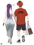  1boy 1girl alternate_costume arm_hug ass bag black_footwear black_hair cellphone contemporary dress fatzhai fern_(sousou_no_frieren) from_behind full_body grey_dress hetero highres holding holding_bag holding_phone multicolored_hair pantylines phone ponytail purple_hair red_hair red_shirt roots_(hair) see-through_silhouette shirt shoes shopping_bag simple_background sleeveless sleeveless_dress sneakers sousou_no_frieren speech_bubble stark_(sousou_no_frieren) white_background 