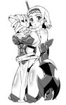  armor blush body_blush braid breasts cleavage gauntlets greyscale hairband large_breasts leina long_hair makinaru monochrome queen's_blade revealing_clothes shield short_hair_with_long_locks side_braid solo sword twin_braids weapon 