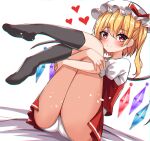  1girl black_socks blonde_hair blush bow chromatic_aberration closed_mouth commentary_request crystal flandre_scarlet full_body hair_between_eyes hat hat_ribbon heart highres kiui_(dagk8254) kneehighs light_smile looking_at_viewer medium_hair mob_cap multicolored_wings one_side_up panties puffy_short_sleeves puffy_sleeves red_bow red_eyes red_ribbon red_skirt red_vest ribbon shirt short_hair short_sleeves simple_background skirt skirt_set smile socks solo touhou underwear vest white_background white_headwear white_panties white_shirt wings 