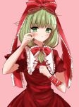  1girl arm_ribbon blush bow dress frilled_bow frilled_ribbon frills front_ponytail frown green_eyes green_hair grey_hair hair_bow hair_ribbon harewonozomu highres kagiyama_hina pink_background puffy_short_sleeves puffy_sleeves red_bow red_dress red_ribbon ribbon short_sleeves solo tears touhou 