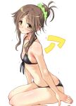  1girl bare_shoulders bikini black_bikini blush breasts brown_eyes brown_hair closed_mouth collarbone dot_nose from_side front-tie_bikini_top front-tie_top green_scrunchie hair_bun hair_ornament hair_scrunchie hirowa_nagi idolmaster idolmaster_cinderella_girls idolmaster_cinderella_girls_starlight_stage long_hair looking_at_viewer navel o-ring o-ring_bikini ponytail scrunchie sidelocks simple_background single_hair_bun sitting small_breasts smile solo swimsuit takamori_aiko white_background yokozuwari 