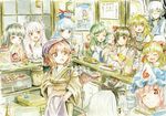  6+girls alcohol alternate_costume alternate_headwear animal_ears ashtray bare_shoulders beer bikini black_hair blue_hair blush bottle bow brown_hair chopsticks cigarette cirno colored_pencil_(medium) daiyousei daruma_doll detached_sleeves drinking eating fairy_(jintai) food fujiwara_no_mokou gintama glasses hair_bow hair_tubes hairband hakurei_reimu hat head_scarf hidamari_sketch horns houraisan_kaguya ibuki_suika japanese_clothes jinrui_wa_suitai_shimashita justaway kaenbyou_rin kamishirasawa_keine kimono kirisame_marisa kochiya_sanae konpaku_youmu master_(4th) minigirl mob_cap morichika_rinnosuke multiple_girls mystia_lorelei obi okamisty one_eye_closed open_mouth pink_hair poster_(object) red_eyes red_hair refrigerator saigyouji_yuyuko sake sash sayonara_zetsubou_sensei short_hair silver_hair smile smoke smoking swimsuit thermometer touhou traditional_media triangular_headpiece ume-sensei 