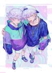  2boys absurdres arm_around_shoulder arm_around_waist bishounen blue_eyes brothers chain_necklace collar collarbone colored_inner_hair cozmez_(paradox_live) earrings from_above full_body gradient_hair hair_between_eyes hat highres jewelry looking_at_viewer male_focus multicolored_hair multiple_boys necklace off_shoulder pants paradox_live pastel_colors purple_hair sei_(_mo1008) shoes short_hair shorts siblings simple_background sneakers standing tongue tongue_out white_collar white_pants white_shorts yatonokami_kanata yatonokami_nayuta 