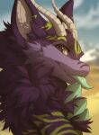 2024 anthro claws dragon fur furred_dragon green_tongue grey_claws grey_eyes hioshiru male neck_tuft portrait purple_body purple_ears purple_fur solo tongue tongue_out tuft