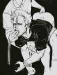  2boys anal_fingering ass bara beard_stubble boku_no_hero_academia bottomless bound bound_arms fingering greyscale hair_in_another&#039;s_mouth highres lying lying_on_lap male_focus messy_hair monochrome multiple_boys naked_shirt on_stomach out_of_frame rope shirt short_hair smokerichi solo_focus thick_eyebrows twice_(boku_no_hero_academia) yaoi 