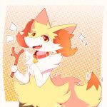 2021 absurd_res anthro bell bell_collar braixen cheek_tuft collar digital_media_(artwork) facial_tuft fur generation_6_pokemon head_tuft hi_res holding_object holding_stick inner_ear_fluff kinozel looking_at_viewer nintendo open_mouth open_smile orange_body orange_fur pokemon pokemon_(species) smile solo stick tuft white_body white_fur yellow_body yellow_fur