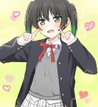  1girl black_jacket blazer blush collared_shirt finger_to_face furrowed_brow gradient_hair green_eyes green_hair grey_vest heart jacket long_sleeves looking_at_viewer love_live! love_live!_nijigasaki_high_school_idol_club medium_hair multicolored_hair neck_ribbon nijigasaki_academy_school_uniform open_clothes open_jacket open_mouth plaid plaid_skirt red_ribbon ribbon school_uniform shirt sidelocks skirt solo takasaki_yuu twintails upper_body vest white_shirt white_skirt winter_uniform yellow_background yoon_(yoon_lovelive) 