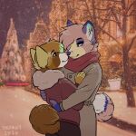 alex_ferret anthro brown_body brown_fur canid canine christmas christmas_clothing christmas_tree clothing coat domestic_ferret embrace fox fur hi_res holding_partner holidays jacket male male/male mammal markings mustelid musteline no_pupils outside pink_nose plant romantic romantic_couple scarf skunkify snow snowing sweatpants tail tail_markings topwear tree trenchcoat true_musteline weasel wholesome