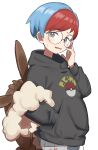  1girl absurdres black_hoodie blue_hair blush brown_bag gazacy_(dai) glasses grey_eyes highres hood hoodie long_sleeves looking_at_viewer multicolored_hair open_mouth pantyhose penny_(pokemon) poke_ball_print pokemon pokemon_sv red_hair round_eyewear see-through see-through_skirt short_hair shorts shorts_under_skirt skirt two-tone_hair 