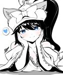  1girl absurdres animal_ears bare_shoulders black_hair blue_eyes blue_heart blush bow bowtie breasts cat_ears hands_on_own_face hat heart highres japanese_clothes kimono large_breasts looking_at_viewer mitama_(nyanko_daisensou) nyanko_daisensou ponytail signature smile user_ktrx7538 