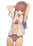  1girl arms_up blush bra breasts brown_eyes brown_hair commentary_request cowboy_shot everyntrge grey_bra grey_panties hair_tie long_hair mouth_hold navel open_clothes open_shirt original panties simple_background small_breasts solo tying_hair underwear white_background 