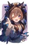  :3 absurdres animal_ears blue_bow blue_bowtie blue_nails blue_ribbon bow bowtie brown_hair ear_covers hair_ribbon hat highres horse_ears horse_girl horse_tail long_hair looking_at_viewer mole mole_under_eye one_eye_closed open_mouth outstretched_hand pleated_skirt purple_eyes ribbon shirt simple_background single_ear_cover skirt sleeveless sleeveless_shirt smile tail twintails umamusume vivlos_(umamusume) white_headwear white_shirt white_skirt yu_hydra 
