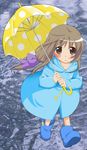  blush boots clannad colorized highres ibuki_fuuko long_hair looking_at_viewer raincoat rubber_boots satomi_yoshitaka shiropuni solo umbrella 