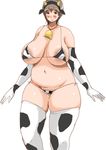  1girl blush breasts cow_girl cow_print fat horns huge_breasts plump saikojeni saikoneji thick_thighs thighs 