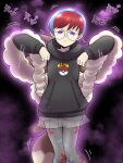  1girl black_hoodie blue_hair blush body_control closed_mouth frown glasses glowing hands_up highres hood hoodie kirichiya_desune long_sleeves looking_at_viewer mochi_mochi_dance multicolored_hair pantyhose penny_(pokemon) poke_ball_print pokemon pokemon_sv purple_eyes red_hair round_eyewear see-through see-through_skirt shorts shorts_under_skirt skirt solo two-tone_hair 