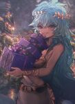  1girl absurdres ancient_greek_clothes blue_eyes blue_hair breasts chiton christmas_present dress gift greco-roman_clothes highres holding holding_gift laurel_crown looking_at_viewer medium_breasts mythos_(vtuber) smile snowing solo taku_artworks virtual_youtuber white_dress zeus_(vtuber) 
