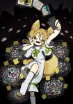 1girl ability_card_(touhou) animal_ears arm_up black_background card foot_out_of_frame fox_ears fox_girl fox_tail green_ribbon hair_between_eyes highres holding holding_card kudamaki_tsukasa light_brown_hair long_hair_between_eyes neruzou no_shoes open_mouth ribbon short_sleeves smile socks solo tabi tail touhou white_romper white_socks 