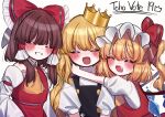  3girls alternate_headwear ascot black_vest blonde_hair blush bow brown_hair closed_eyes commentary crown crystal detached_sleeves fang flandre_scarlet frilled_bow frilled_hair_tubes frills hair_bow hair_tubes hakurei_reimu hat hat_ribbon highres hug kirisame_marisa long_hair mob_cap multiple_girls one_side_up open_mouth puffy_short_sleeves puffy_sleeves red_bow red_eyes red_skirt red_vest ribbon shirt short_hair short_sleeves side_ponytail skirt skirt_set smile symbol-only_commentary tohou89 touhou turtleneck vest white_headwear wings yellow_ascot yellow_eyes yin_yang 