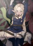  1girl arms_up blonde_hair blue_tunic blush braid breasts cleavage commentary_request dungeon_meshi elf forehead green_eyes grey_pantyhose highres long_hair long_sleeves marcille_donato open_mouth panties pantyhose pointy_ears side_braids small_breasts spread_legs sukoyasu_r tentacles tongue tongue_out torn_clothes torn_pantyhose twin_braids underwear white_panties 