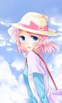  airi_(megumi0216) blue_eyes blush cloud hand_on_headwear hat mole mole_under_eye pink_hair pokemon pokemon_(game) pokemon_bw2 ruri_(pokemon) short_hair sky smile solo wind 