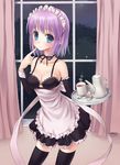  banned_artist bare_shoulders black_legwear blue_hair blush breasts collarbone cup curtains detached_sleeves finger_to_mouth highres kettle maid maid_headdress medium_breasts n.g. original purple_hair short_hair smile solo spoon thighhighs tray window 