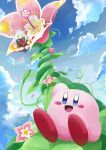  blue_sky blush_stickers cloud colored_skin day disembodied_limb dreamstalk extra_arms falling_petals fangs flower highres horns kirby kirby:_triple_deluxe kirby_(series) leaf mitama_pk1027 no_humans petals pink_skin scarf sky solid_oval_eyes taranza white_hair 