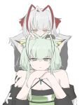  2girls ahoge animal_ear_fluff animal_ears antennae arknights bare_shoulders black_jacket breasts cat_ears cat_girl cleavage closed_mouth collarbone demon_horns dress fingerless_gloves gloves green_dress green_eyes green_hair head_rest highres horns jacket kal&#039;tsit_(arknights) looking_at_viewer mebe_(teadia_violet) multiple_girls no_pupils off-shoulder_dress off_shoulder playing_with_another&#039;s_hair revision short_hair short_hair_with_long_locks sidelocks simple_background single_glove small_breasts unamused upper_body w_(arknights) white_background white_hair yellow_eyes 