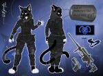 16:9 accessory anthro bailey_kurosentoki black_body black_fur black_hair blue_background blue_eyes c.a.m. cat_tail claws clothed clothing color_fur colt_m1911 digital_media_(artwork) domestic_cat english_text f.e.w. feet felid feline felis female fur furgonomics gloves gun hair handgun handwear hi_res japanese kytcrafts looking_at_viewer m1911_pistol m2000_intervention mammal mask military military_uniform noh_mask oni_mask pawpads paws pistol ranged_weapon rifle simple_background sniper sniper_rifle solo spec_ops special_forces standing tactical_gear tail tail_accessory text toes tuxedo_cat uniform weapon whiskers white_body white_fur wicker wickerbeast_mask widescreen