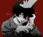  1boy 1other absurdres blood blood_on_face blood_on_hands broken_fingernails cuffs greyscale hair_between_eyes hand_on_another&#039;s_head handcuffs heart highres imai_akira jacket long_sleeves looking_at_viewer male_focus monochrome open_mouth original red_background saliva simple_background spot_color sweat tears tongue tongue_out upper_body 