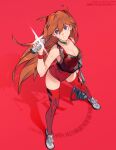  1girl armband bag blue_eyes breasts brown_hair cesar_art456 choker cleavage hair_ornament highres leotard long_hair neon_genesis_evangelion open_mouth red_armband see-through shoes sneakers solo souryuu_asuka_langley thighhighs 