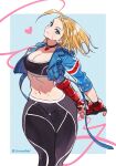  blonde_hair blue_eyes cammy_white choker fingerless_gloves gloves heart highres jacket looking_at_viewer navel pants scar scar_on_cheek scar_on_face short_hair smile sports_bra street_fighter street_fighter_6 sumustard 