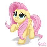  blue_eyes cutie_mark english_text equine female feral fluttershy_(mlp) friendship_is_magic fur hair horse long_hair mammal my_little_pony mysticalpha one_leg_up pegasus pink_hair plain_background pony scared signature solo text white_background wings yellow_fur 