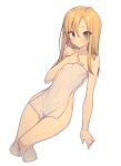  1girl blonde_hair blue_eyes blush breasts commentary_request covered_navel covering_privates cropped_legs everyntrge expressionless long_hair looking_down naked_towel nude_cover original simple_background small_breasts solo thigh_gap towel wet white_background white_towel 