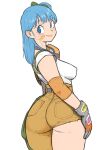  1girl ass blue_eyes blue_hair breasts bulma closed_mouth dragon_ball dragon_ball_(classic) gloves highres huge_ass lips long_hair looking_at_viewer side_ponytail simple_background smile solo toshinoshin white_background 