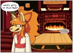 2024 absurd_res anthro asian_clothing bamboo canid canine ceroba_(undertale_yellow) clothed clothing detailed_background dialogue east_asian_clothing english_text female fire fireplace fox fur hair hi_res inside jam_as_day_(artist) japanese_clothing kimono mammal monster orange_hair photo picture_frame plant ponytail solo speech_bubble tan_body tan_fur text undertale undertale_(series) undertale_yellow