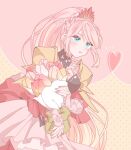  1girl annkoichigo armor artist_name blue_eyes bouquet braid closed_mouth commentary_request crown_braid dress eyelashes heart high_ponytail highres holding holding_bouquet long_hair multicolored_background pink_background pink_hair shionne_(tales) shoulder_armor solo tales_of_(series) tales_of_arise twitter_username watermark 
