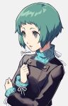  1girl aqua_hair black_eyes black_jacket commentary_request gekkoukan_high_school_uniform grey_background highres jacket lips long_sleeves parted_lips persona persona_3 pink_lips school_uniform short_hair simple_background solo turtleneck twitter_username uniform yamagishi_fuuka yokaroni 