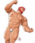  1boy 3d abs bara beard bikini_briefs bulge clenched_hands doosoo facial_hair fate/grand_order fate_(series) feet_out_of_frame flexing from_below full_beard iskandar_(fate) large_pectorals male_focus male_underwear muscular muscular_male nipples obliques pectorals red_hair short_hair smile solo standing stomach strongman_waist thick_beard thick_eyebrows thick_thighs thighs thighs_together topless_male underwear white_background white_male_underwear 