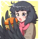  1girl black_eyes black_hair blush borrowed_character burger commission commissioner_upload crowgirl feathered_wings feathers food harpy highres messy_hair monster_girl open_mouth original red_scarf scarf sifserf solo sparkling_eyes winged_arms wings yellow_background 