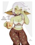  1girl absurdres artist_name blush breasts brown_pants cleavage colored_skin crop_top cup english_commentary english_text female_goblin food_print goblin green_skin highres holding holding_cup large_breasts large_ears leaf_print long_hair looking_at_viewer maewix_(artist) mushroom_print one_eye_closed open_mouth original pajamas pants pointy_ears print_pants print_shirt red_eyes rubbing_eyes shirt sleepy sleeveless sleeveless_shirt solo white_hair white_shirt 