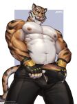 3:4 amon-sydonai anthro biceps big_pecs bodily_fluids bottomwear clothed clothing epic_games felid fingerless_gloves fortnite genital_fluids genitals gloves handwear hi_res licking licking_lips looking_at_viewer looking_down looking_down_at_viewer low-angle_view male mammal musclegut muscular muscular_anthro muscular_male oscar_(fortnite) pantherine pants pecs penis precum precum_through_clothing shirtless solo stripes tiger tongue tongue_out vein veiny_penis wet wet_clothing